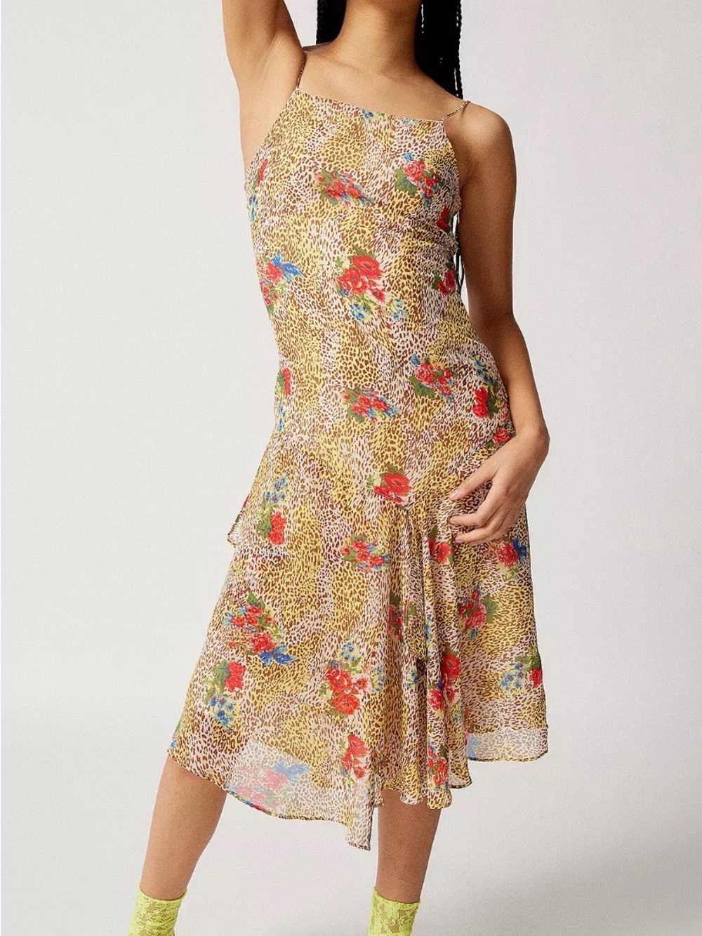 Urban Outfitters Vicky Chiffon Yellow Leopard & Floral Midi Slip Dress Small